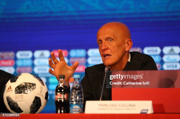 Perluigi Collina, Chairman of FIFA referees committee during a press conference on Referees Media Day at Luzhniki Stadium on June 12, 2018 in Moscow,...