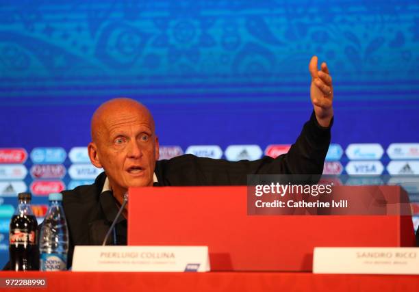 Perluigi Collina, Chairman of FIFA referees committee during a press conference on Referees Media Day at Luzhniki Stadium on June 12, 2018 in Moscow,...