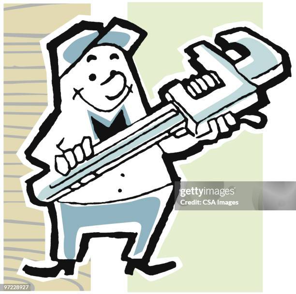 man with oversize wrench - plumber working stock illustrations