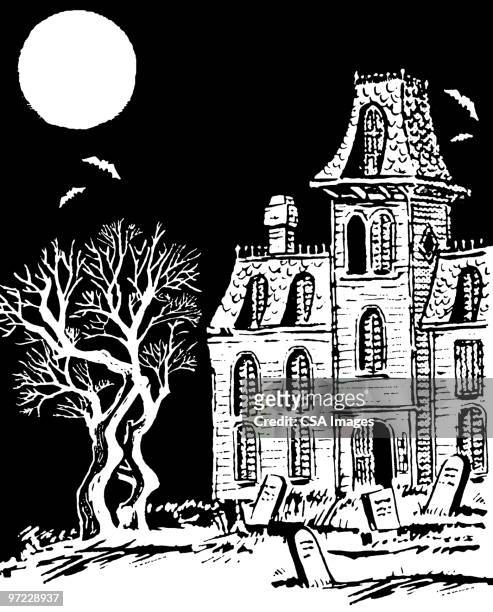 ilustraciones, imágenes clip art, dibujos animados e iconos de stock de haunted house - cementerio