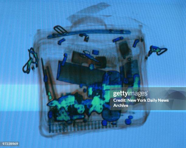 An X-ray of Daily News reporter Alison Gendin's carry-on bag, as it would be seen at an airport security checkpoint. Plastic objects show up as green...