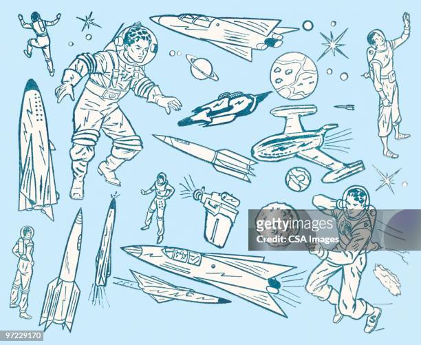 rockets and spacemen - spaceman stock illustrations