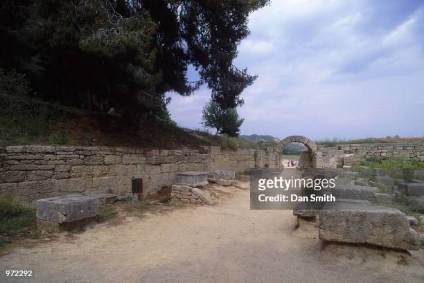 The Zanes to the left and the passageway leading to the stadium at the site of the Ancient Olympic Games in Olympia in Greece.