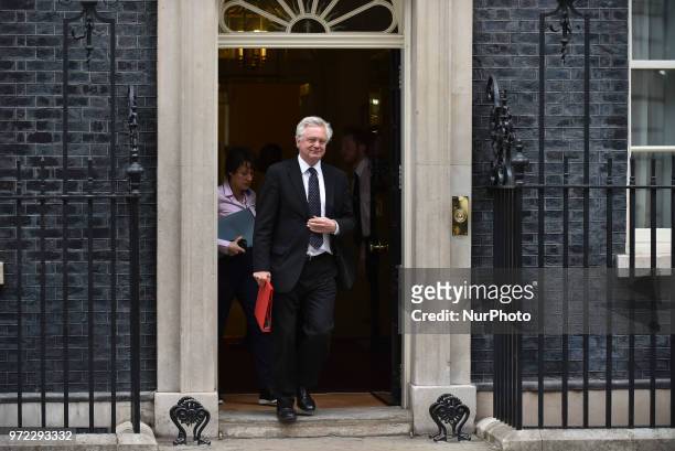 Britain's Secretary of State for Exiting the European Union David Davis leaves 10 Downing Street in central London after attending the weekly cabinet...