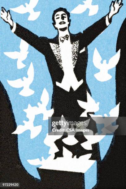 groom releasing doves - tuxedo stock illustrations