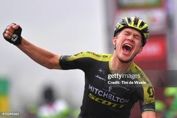 Arrival / Christopher Juul Jensen of Denmark and Team Mitchelton-Scott / Celebration / Rain / during the 82nd Tour of Switzerland 2018, Stage 4 a...