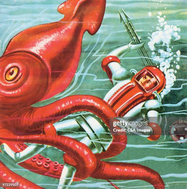 underwater battle with man and squid - squid stock illustrations