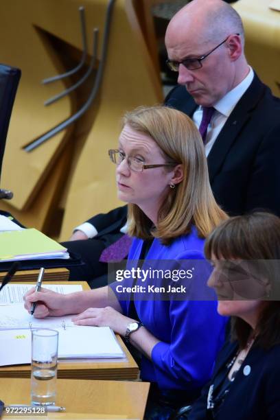 Scottish Higher Education Minister Shirley-Anne Somerville , listens to opposition questions after making a statement to the Scottish Parliament on...