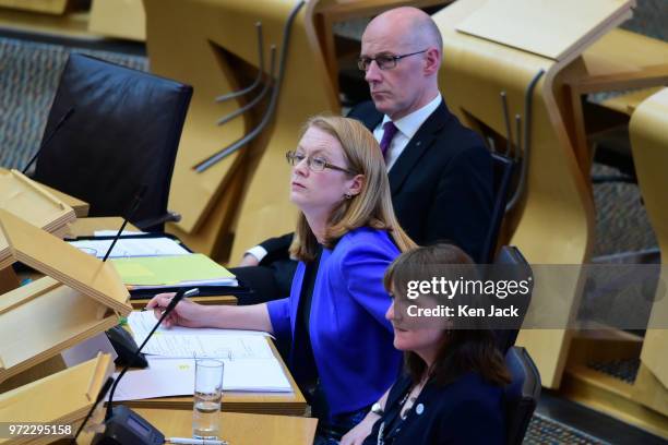 Scottish Higher Education Minister Shirley-Anne Somerville , listens to opposition questions after making a statement to the Scottish Parliament on...