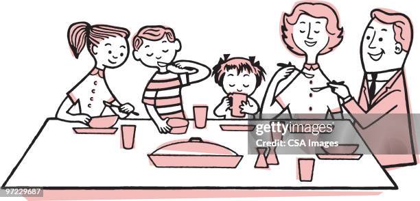 family meal - family with three children stock illustrations