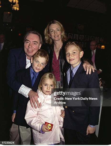 Andrew Lloyd Webber arrives with his wife, Madeline, sons William and Alastair, and daughter Isabella at Sardis for the opening night party for the...