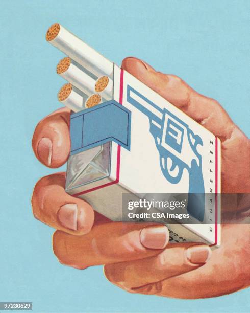 pack of cigarettes branded as loaded gun - rauchen stock-grafiken, -clipart, -cartoons und -symbole