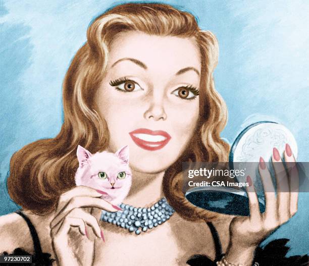 woman with kitten powder puff and open compact - cosmetics stock illustrations