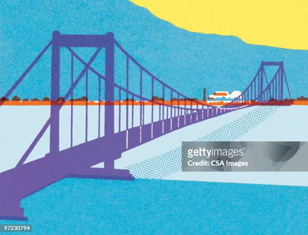 ilustraciones, imágenes clip art, dibujos animados e iconos de stock de suspension bridge - bridge
