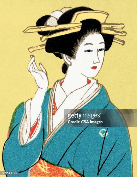 stockillustraties, clipart, cartoons en iconen met asian women - kimono