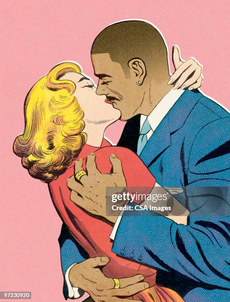white woman and black man kissing - kissing stock illustrations