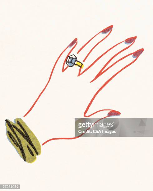 hand with engagement ring - hand illustration stock illustrations