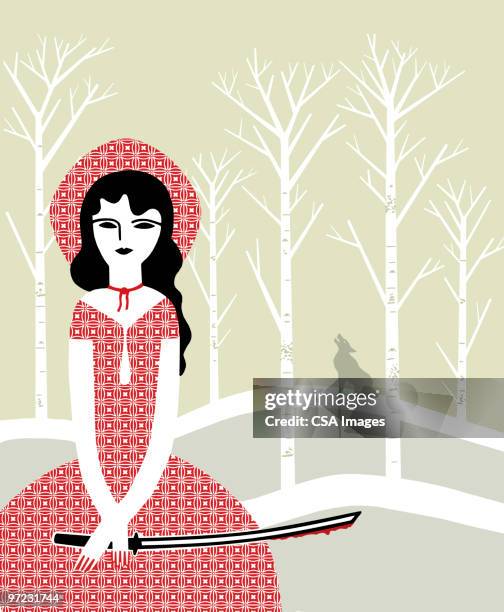 bildbanksillustrationer, clip art samt tecknat material och ikoner med little red riding hood with sword - little red riding hood