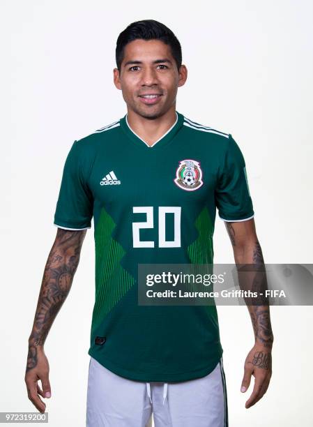 Javier Aquino of Mexico poses for a portrait during the official FIFA World Cup 2018 portrait session at the Team Hotel on June 12, 2018 in Moscow,...