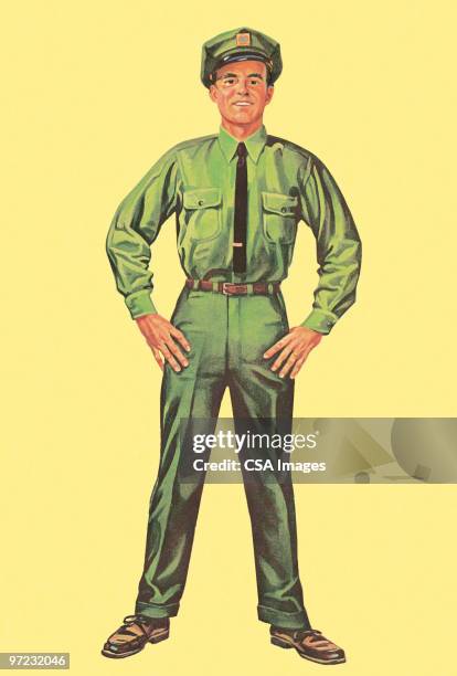 man in uniform with hands on hips - gas station attendant stock illustrations