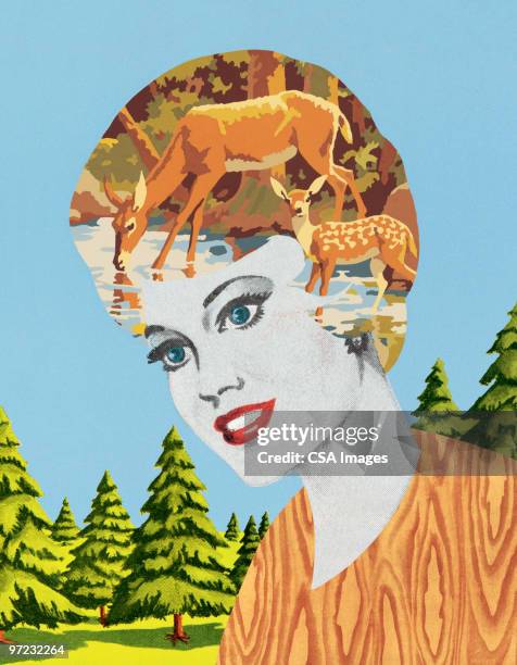 stockillustraties, clipart, cartoons en iconen met deer-head woman - a female deer