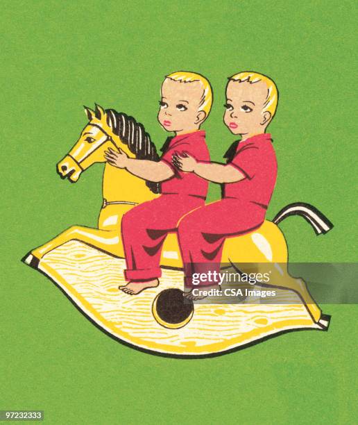 twins on a rocking horse - platinum stock illustrations