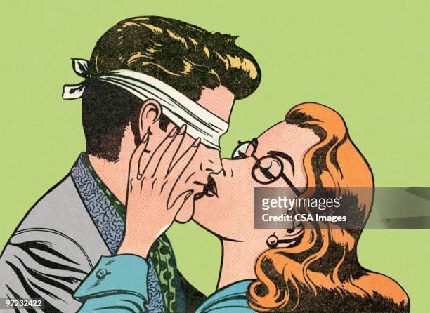 blindfold kiss - ginger glasses stock illustrations