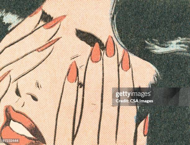 stockillustraties, clipart, cartoons en iconen met brunette covering her eyes - only women