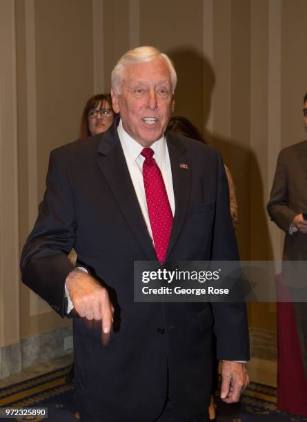 Congressman Steny Hoyer shares a joke during a Congressional Wine Caucus event at the Capitol on June 6, 2018 in Washington, D.C. The nation's...