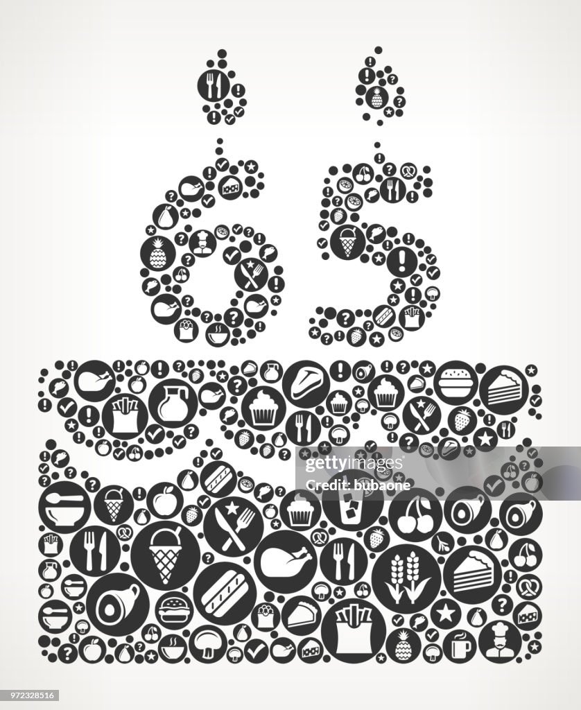 65 Jahre Geburtstag Kuchen essen und Schwarz Symbol Hintergrund