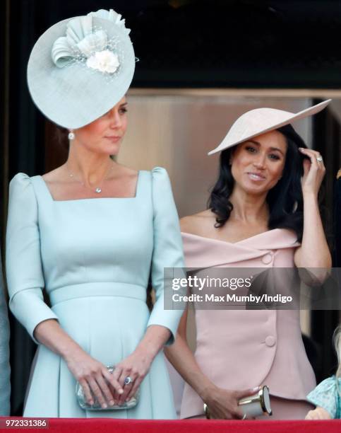 Catherine, Duchess of Cambridge and Meghan, Duchess of Sussex stand on the balcony of Buckingham Palace during Trooping The Colour 2018 on June 9,...