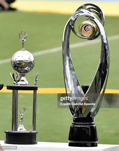 The trophies of the Liga are seen prior the second leg match between Atletico Nacional and Deportes Tolima as part of the Liga Aguila I final on June...
