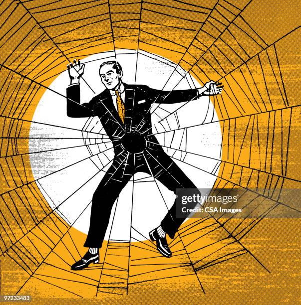 ilustrações de stock, clip art, desenhos animados e ícones de man caught in web - teia de aranha