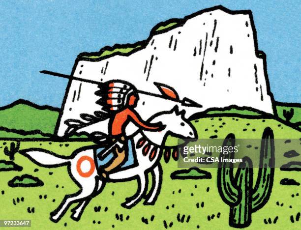 tribal man on horse - spear stock illustrations