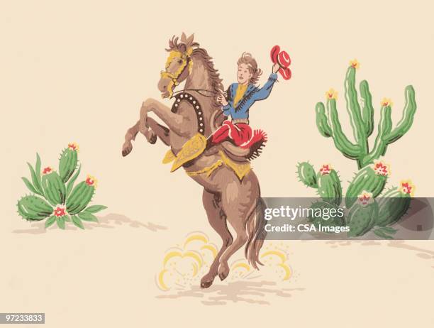 illustrations, cliparts, dessins animés et icônes de cow-boys à cheval dans le désert - cheval cabré