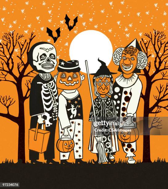 four children in halloween costumes - disguise stock illustrations