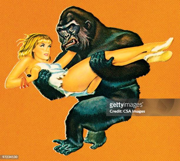 ilustraciones, imágenes clip art, dibujos animados e iconos de stock de gorilla with woman - kidnapping