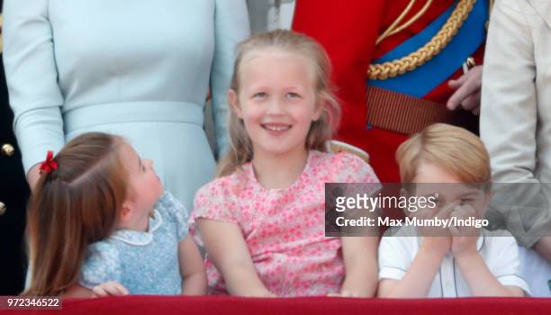 Princess Charlotte of Cambridge, Savannah Phillips and Prince George of Cambridge stand on the balcony of Buckingham Palace during Trooping The...