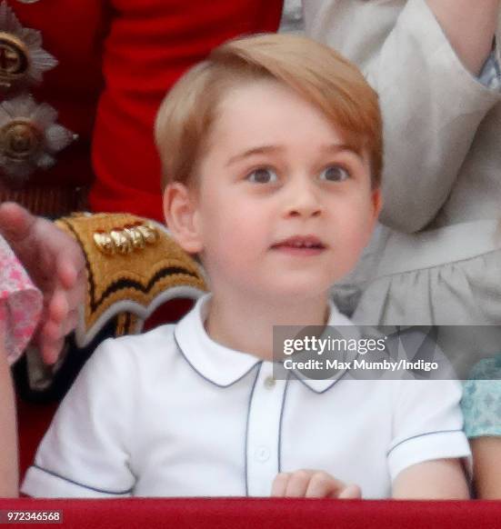 Prince George of Cambridge stands on the balcony of Buckingham Palace during Trooping The Colour 2018 on June 9, 2018 in London, England. The annual...