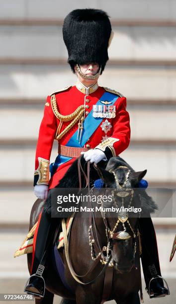 Prince Andrew, Duke of York rides on horseback down The Mall during Trooping The Colour 2018 on June 9, 2018 in London, England. The annual ceremony,...
