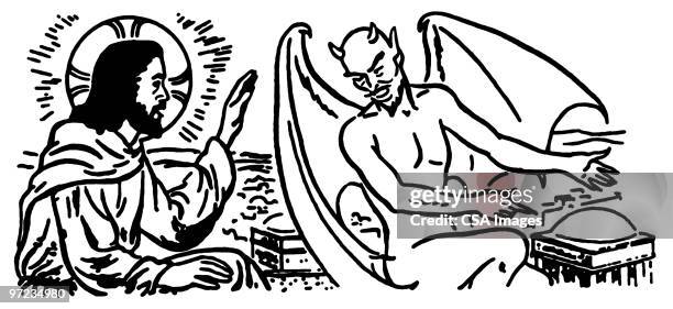 ilustraciones, imágenes clip art, dibujos animados e iconos de stock de jesus and the devil - aureola