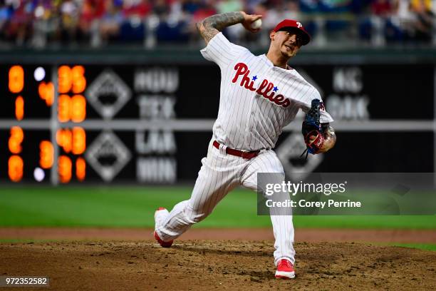 Vince Velasquez of the Philadelphia Phillies pitches against the Milwaukee Brewers during the third inning at Citizens Bank Park on June 8, 2018 in...