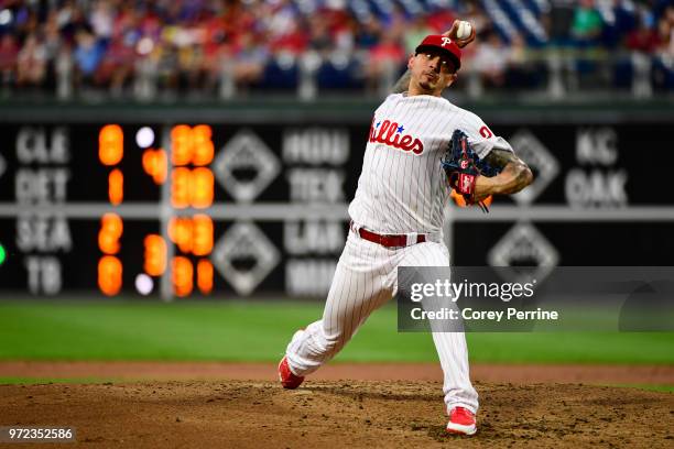 Vince Velasquez of the Philadelphia Phillies pitches against the Milwaukee Brewers during the third inning at Citizens Bank Park on June 8, 2018 in...