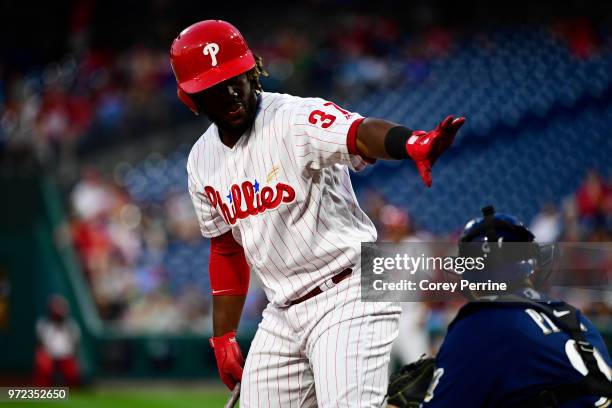 Odubel Herrera of the Philadelphia Phillies steps into the batter's box against the Milwaukee Brewers during the third inning at Citizens Bank Park...