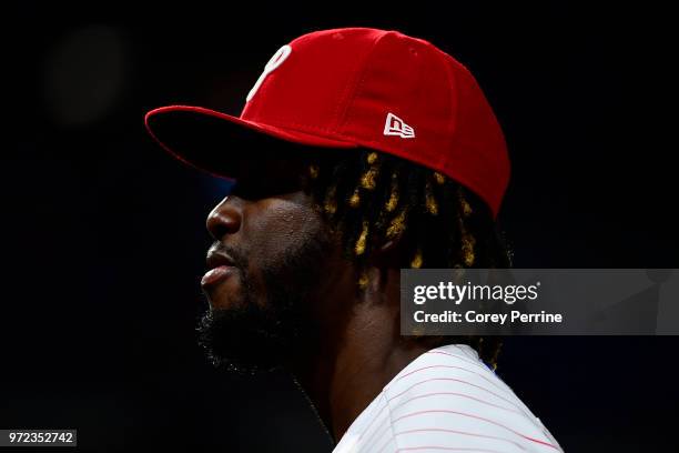 Odubel Herrera of the Philadelphia Phillies walks toward the dugout during the fifth inning at Citizens Bank Park on June 8, 2018 in Philadelphia,...