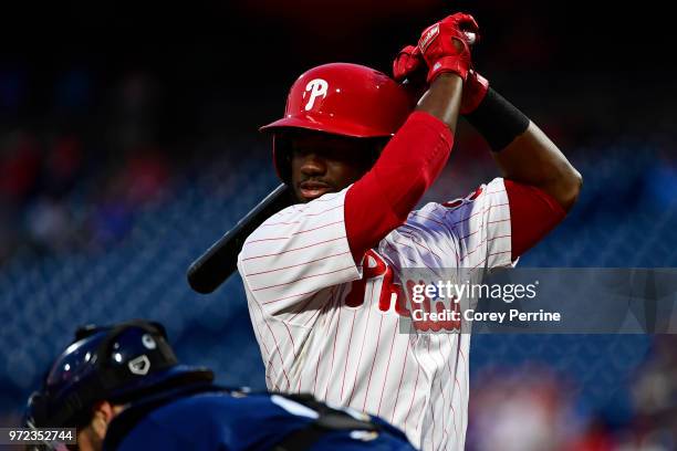 Odubel Herrera of the Philadelphia Phillies steps into the batter's box against the Milwaukee Brewers during the third inning at Citizens Bank Park...