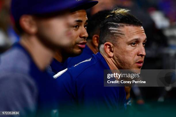 Hernan Perez of the Milwaukee Brewers looks on from the dugout during the seventh inning against the Philadelphia Phillies at Citizens Bank Park on...