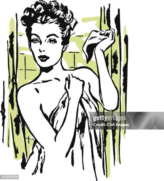 woman leaving shower - bathrooms stock illustrations