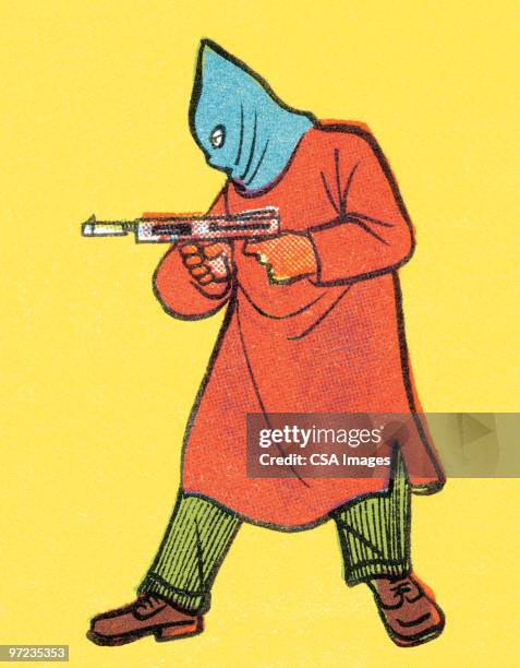 hooded man with gun - disguise stock illustrations