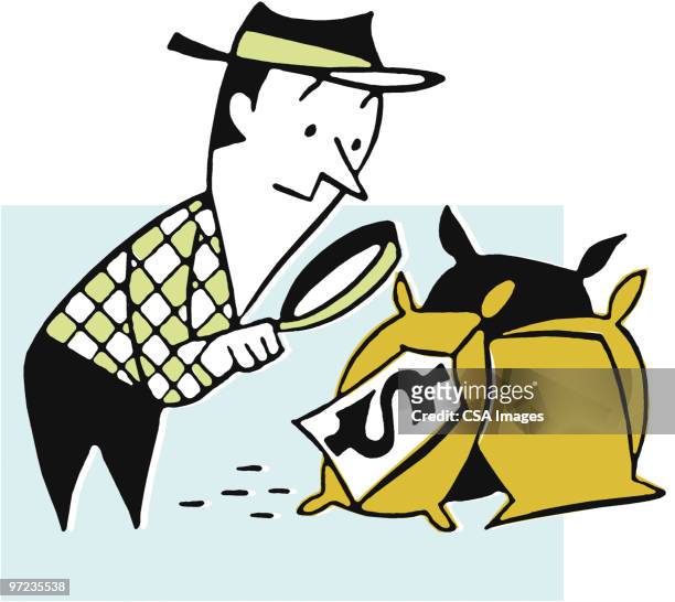 man inspecting bags of money - suspicious activity stock illustrations
